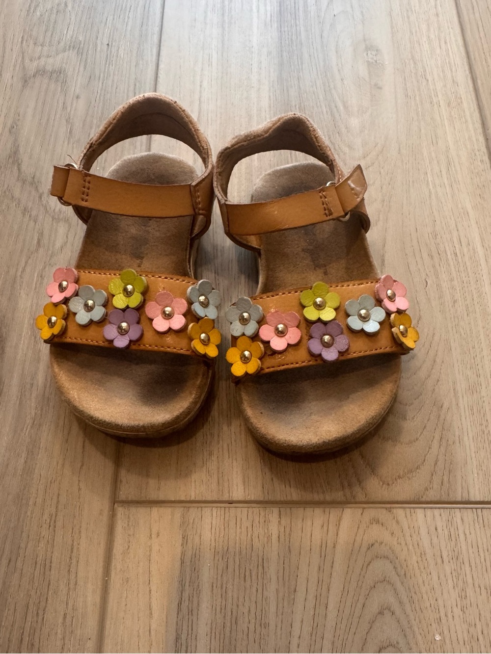 Kids Floral Leather Sandals in Tan with Multicolor Flowers